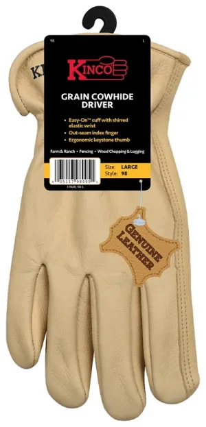 Kinco 98-L Driver Gloves, Men's, L, Keystone Thumb, Easy-On Cuff, Cowhide Leather, Tan :PR: QUANTITY: 1