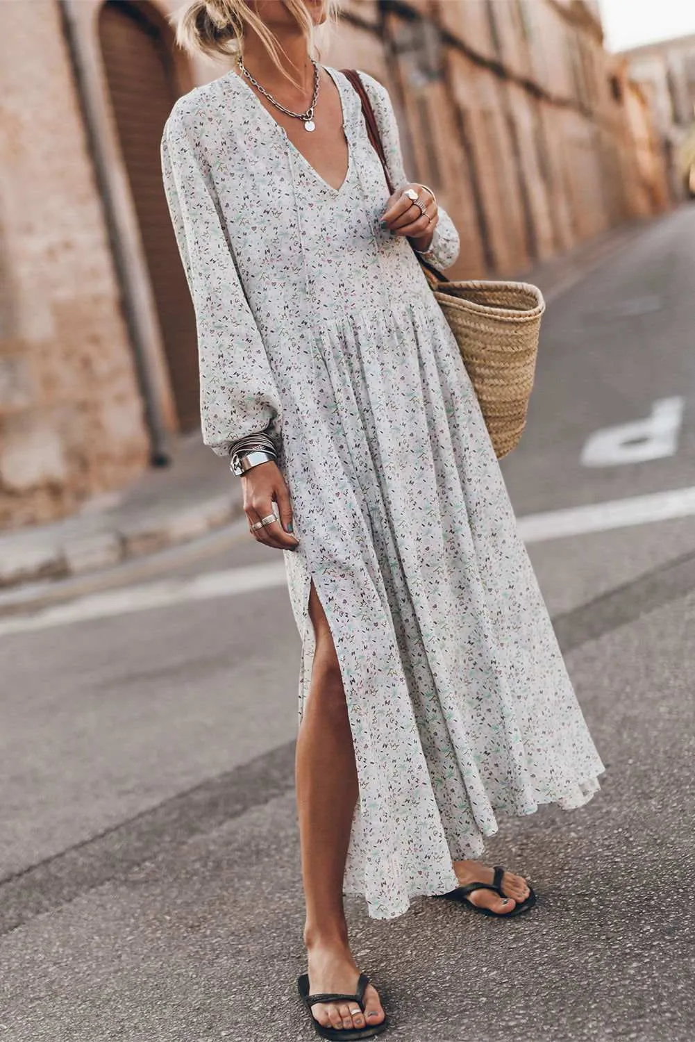 Multicolor Floral V Neck Slits Maxi Dress for Effortless Elegance