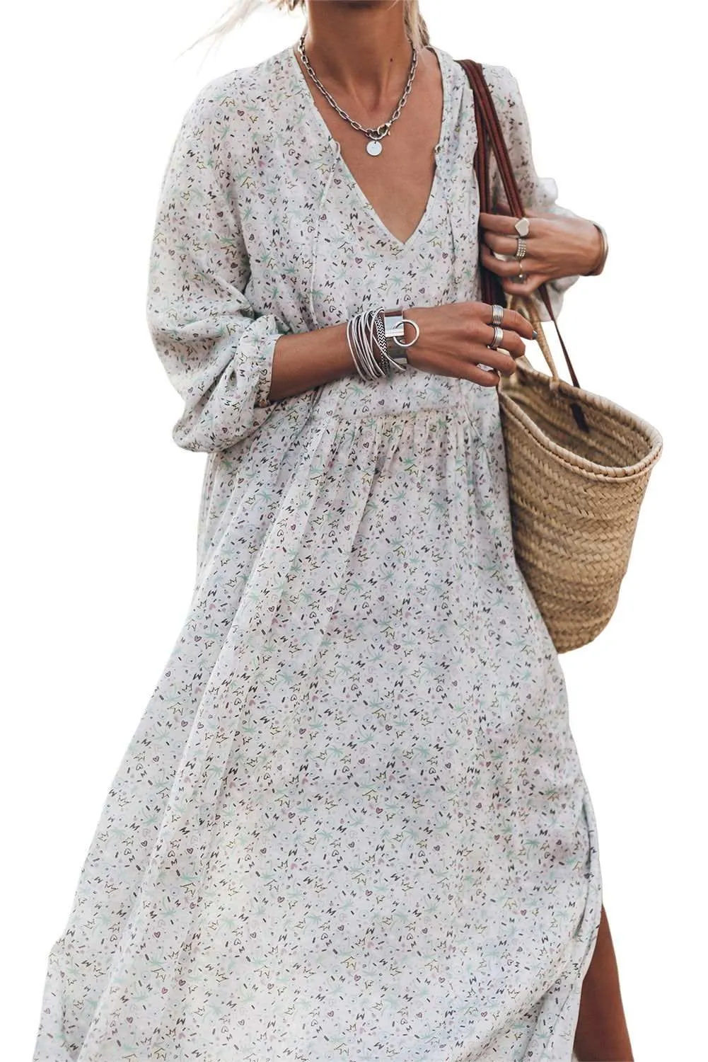 Multicolor Floral V Neck Slits Maxi Dress for Effortless Elegance