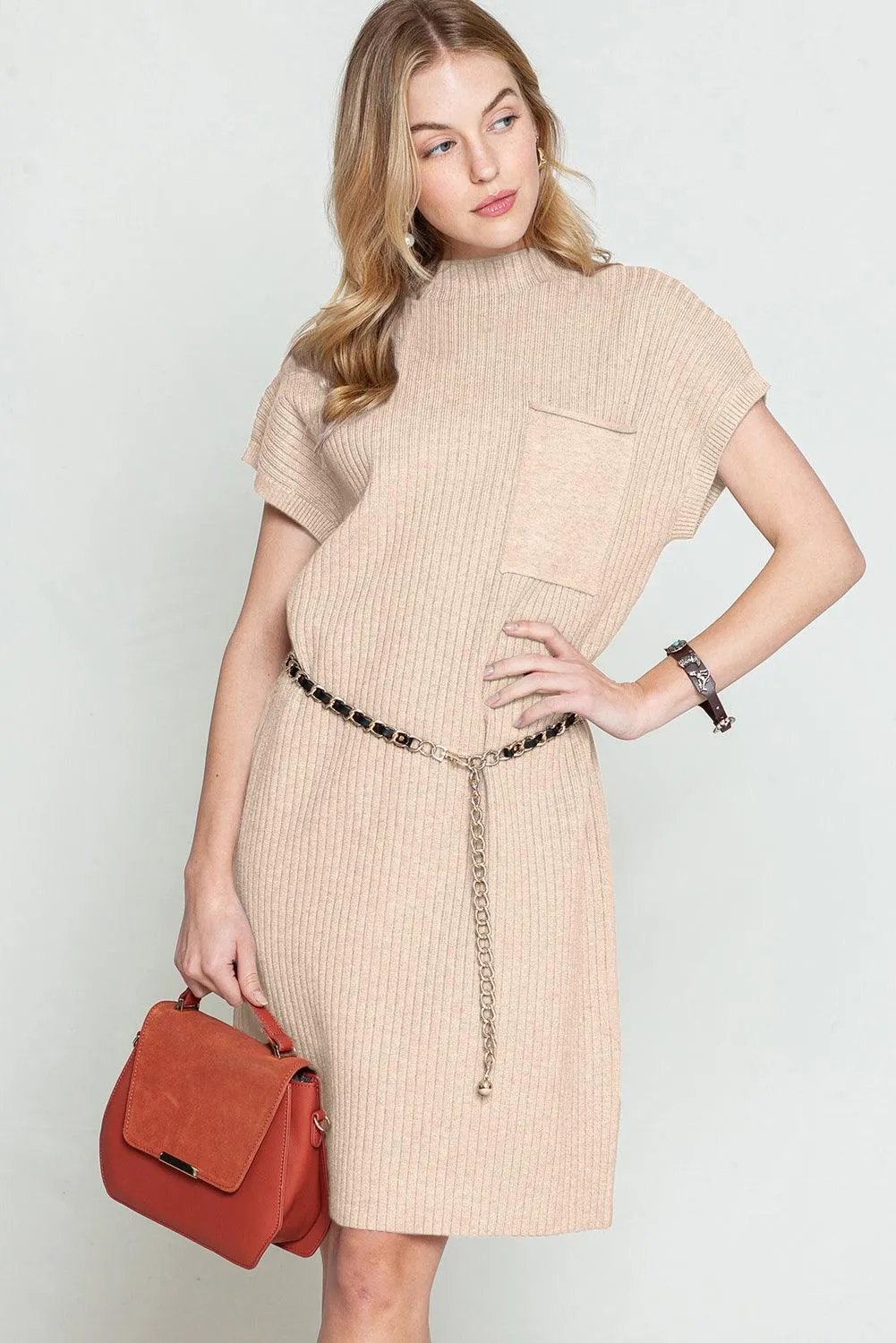 Oatmeal Patch Pocket Ribbed Knit Short Sleeve Sweater Dress