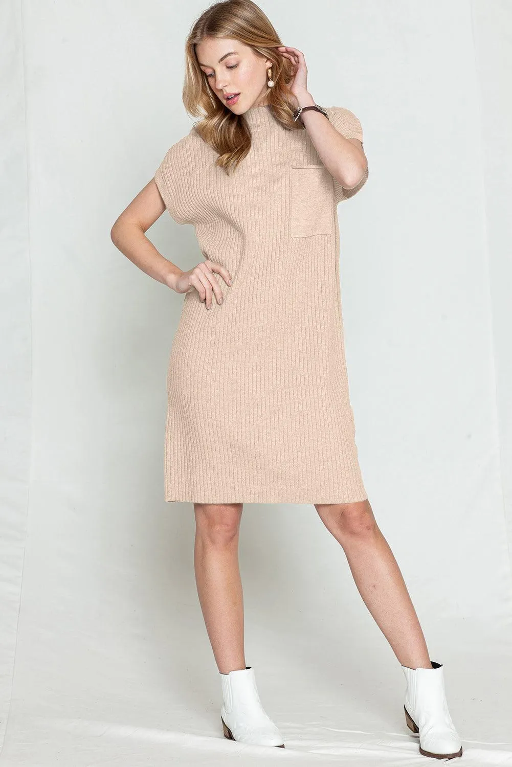 Oatmeal Patch Pocket Ribbed Knit Short Sleeve Sweater Dress