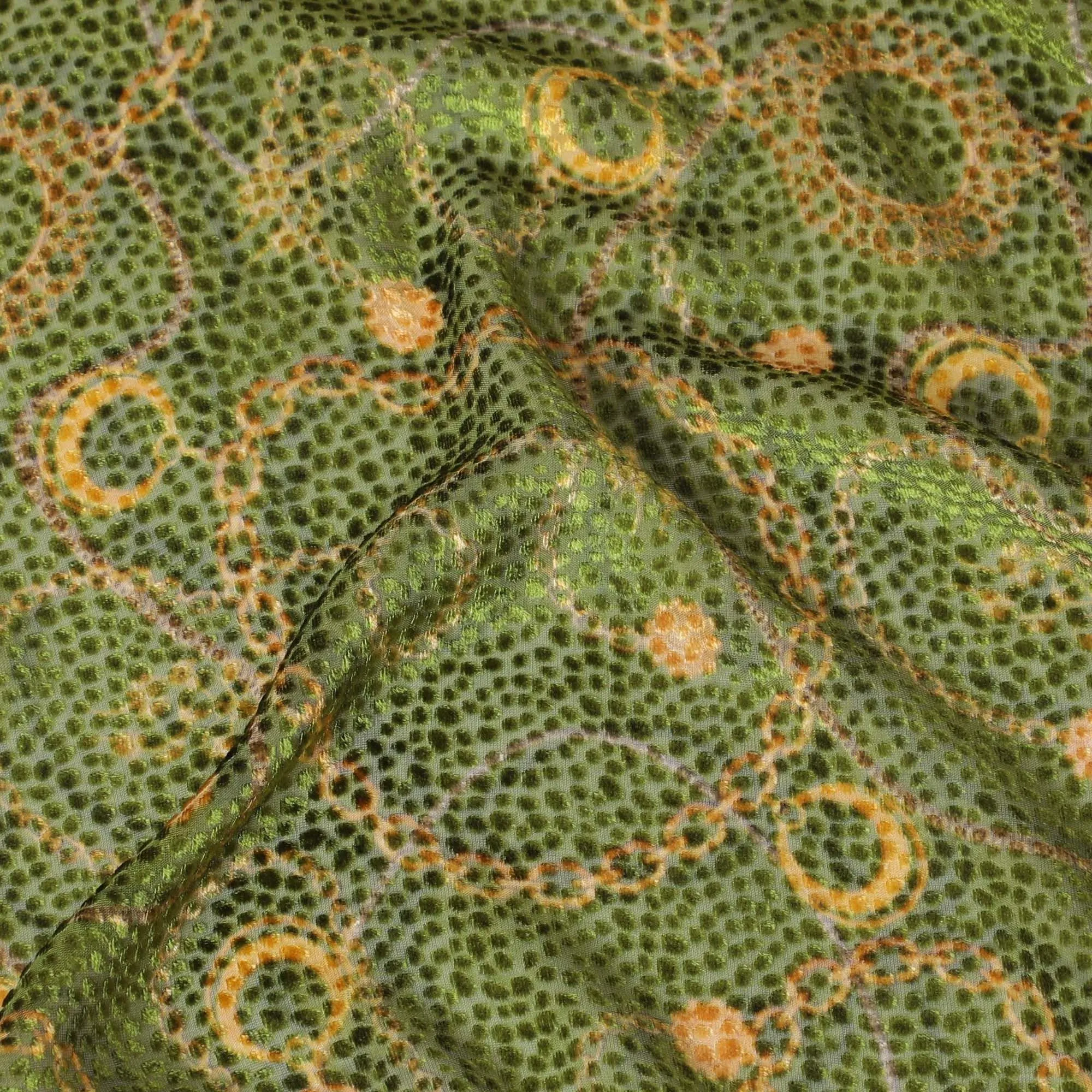 Olive green Premium pure Italian silk blended burnout velvet fabric with mustard yellow print in fancy design-D13837