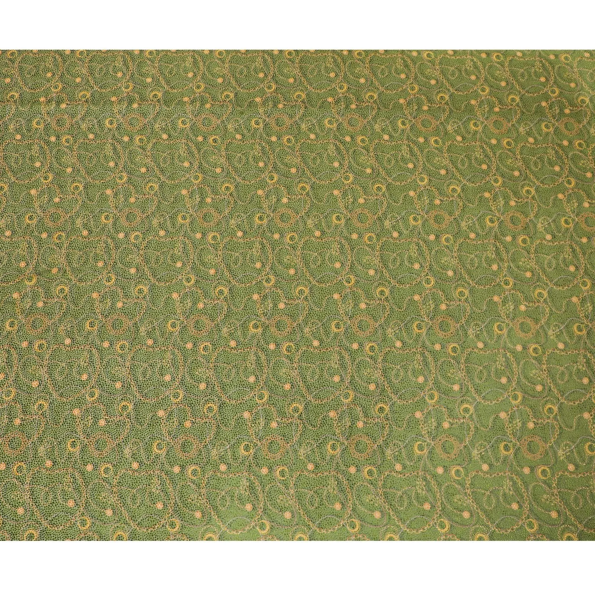 Olive green Premium pure Italian silk blended burnout velvet fabric with mustard yellow print in fancy design-D13837