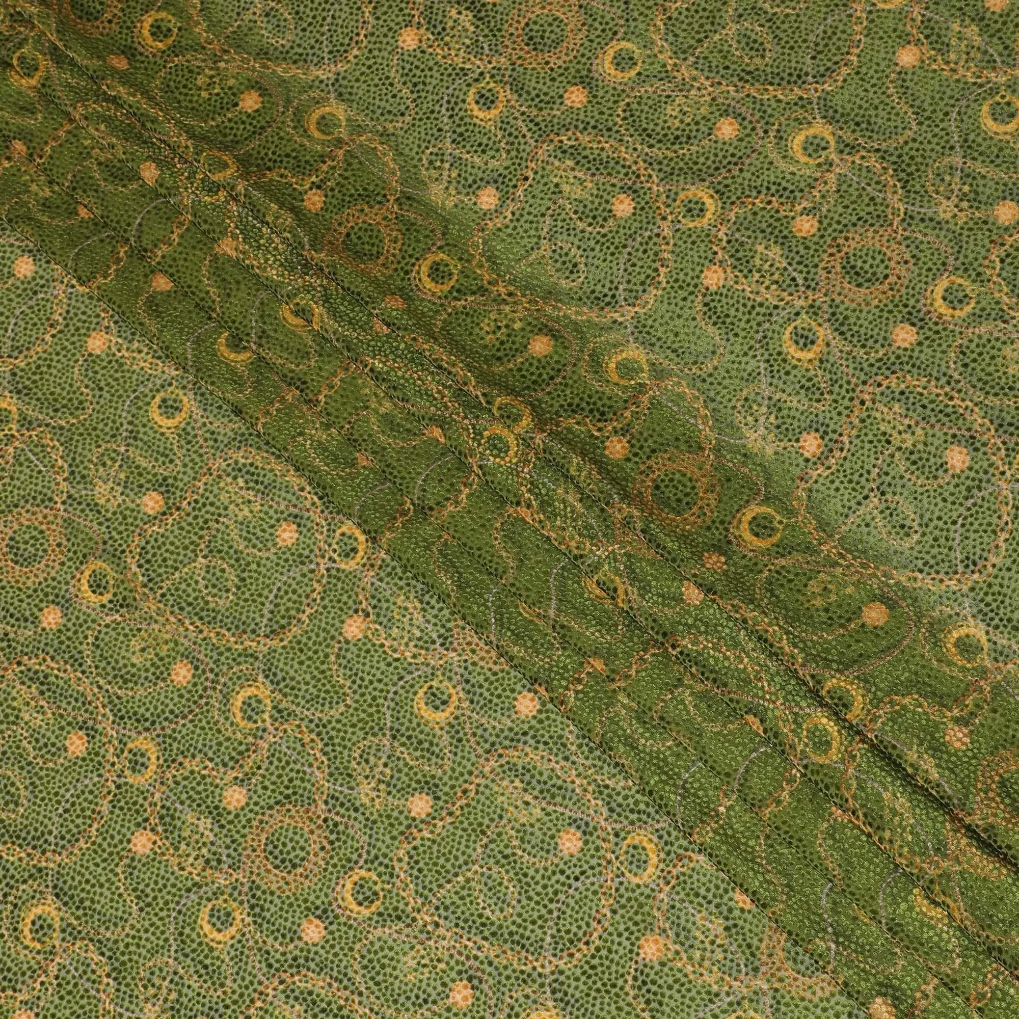 Olive green Premium pure Italian silk blended burnout velvet fabric with mustard yellow print in fancy design-D13837