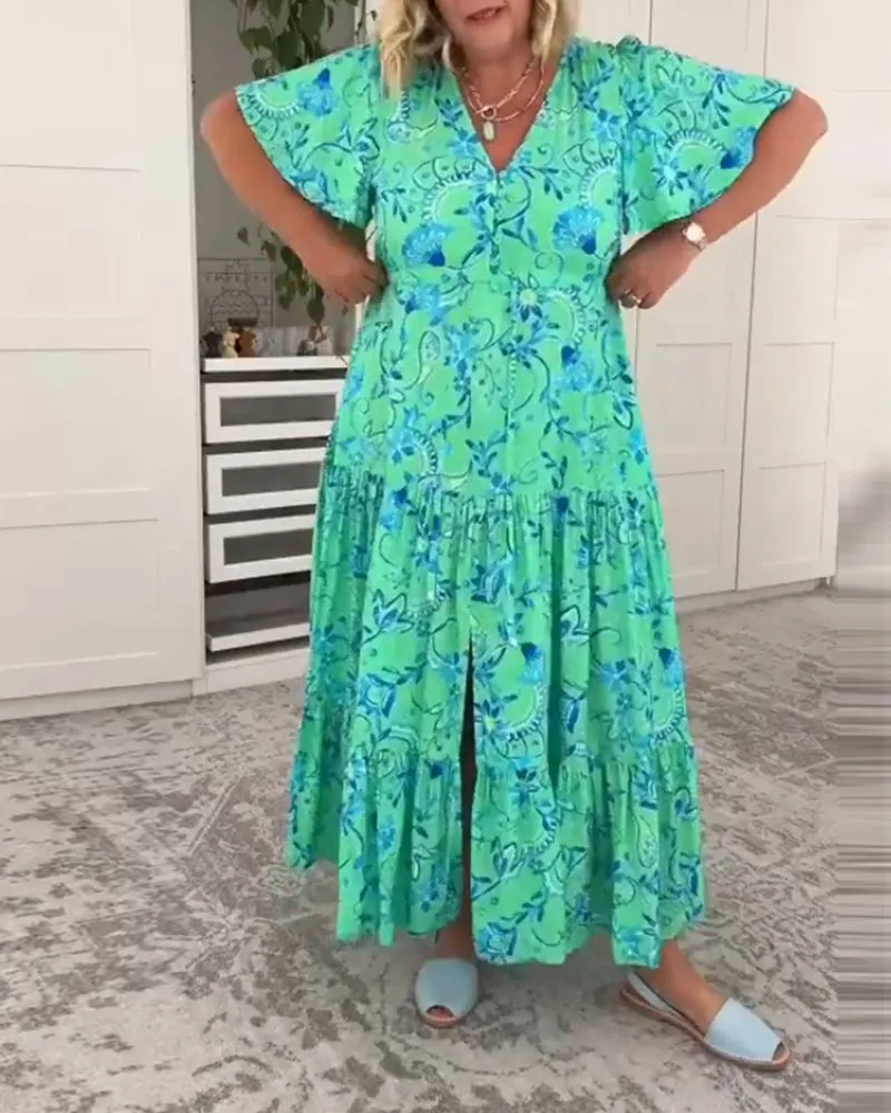 Short-sleeved pocket printed dress