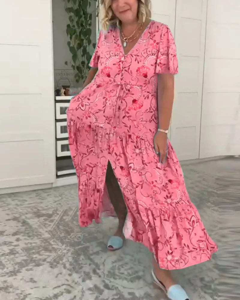 Short-sleeved pocket printed dress
