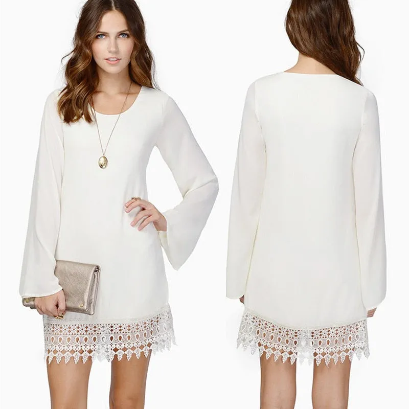 VenusFox Long Sleeve Dress Casual O-neck Lace Party Dresses