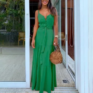 VenusFox Women Summer Green Elegant Maxi Dress Fashion Spaghetti Strap V Neck Belt Party Long Dresses Ladies Casual 2021 Plus Size Robe