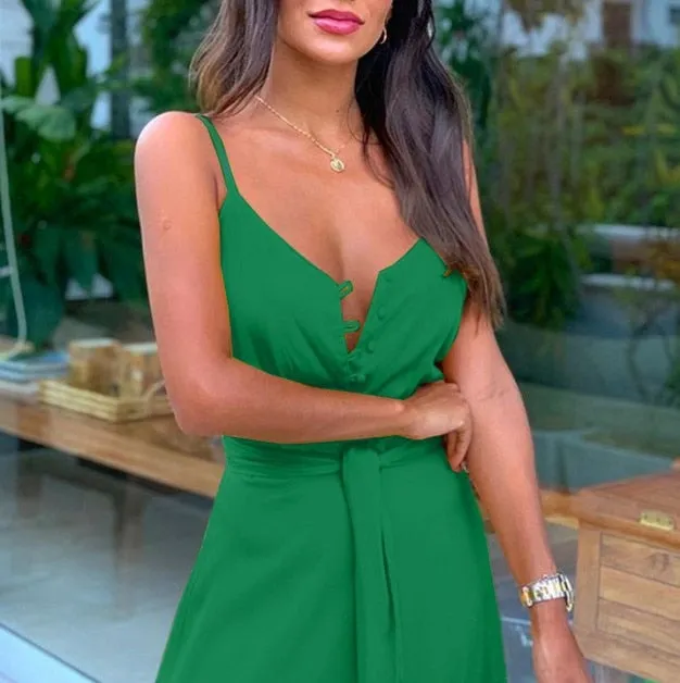 VenusFox Women Summer Green Elegant Maxi Dress Fashion Spaghetti Strap V Neck Belt Party Long Dresses Ladies Casual 2021 Plus Size Robe
