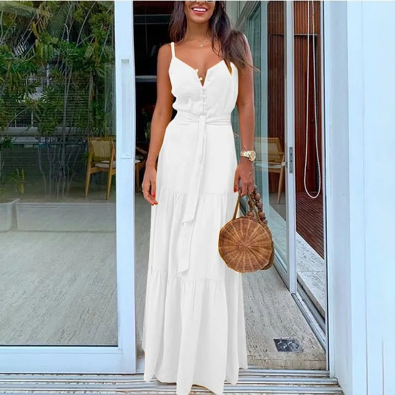 VenusFox Women Summer Green Elegant Maxi Dress Fashion Spaghetti Strap V Neck Belt Party Long Dresses Ladies Casual 2021 Plus Size Robe