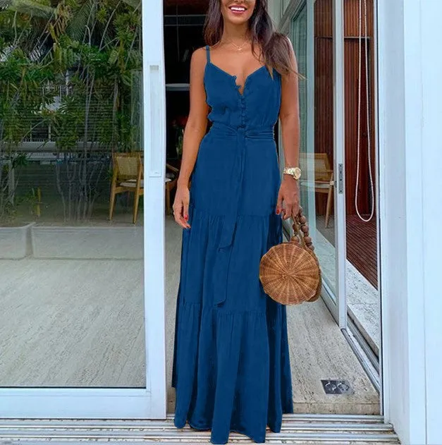 VenusFox Women Summer Green Elegant Maxi Dress Fashion Spaghetti Strap V Neck Belt Party Long Dresses Ladies Casual 2021 Plus Size Robe