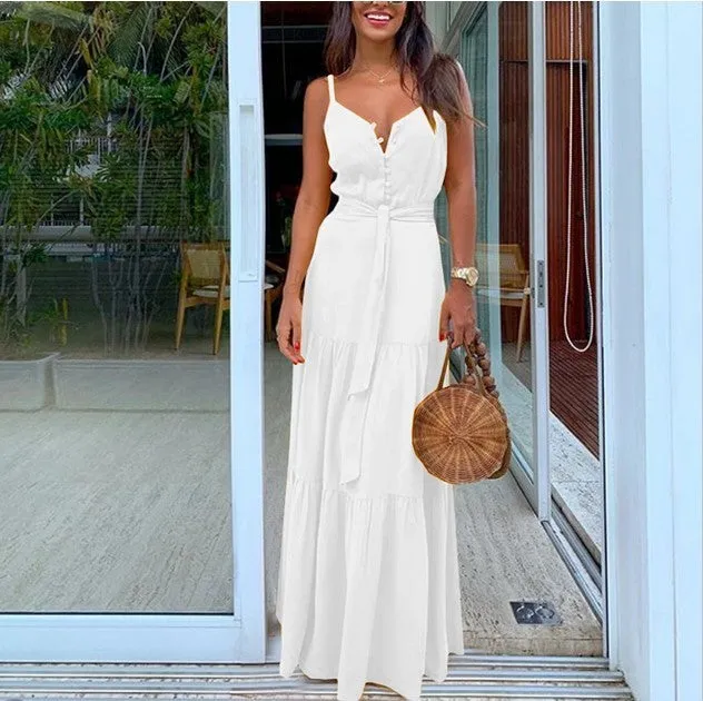 VenusFox Women Summer Green Elegant Maxi Dress Fashion Spaghetti Strap V Neck Belt Party Long Dresses Ladies Casual 2021 Plus Size Robe
