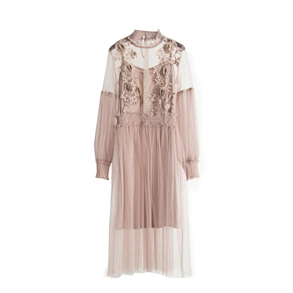 VenusFox Womens retro vintage lace party dress long lantern sleeve 2 pcs set