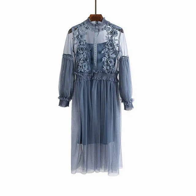 VenusFox Womens retro vintage lace party dress long lantern sleeve 2 pcs set