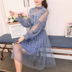 VenusFox Womens retro vintage lace party dress long lantern sleeve 2 pcs set