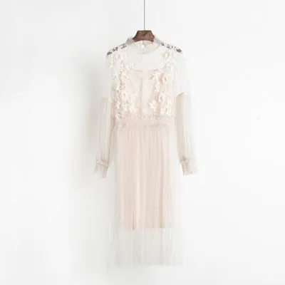 VenusFox Womens retro vintage lace party dress long lantern sleeve 2 pcs set
