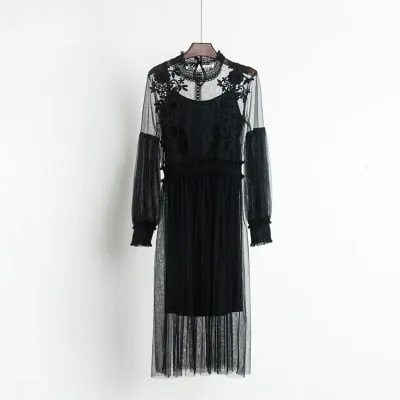 VenusFox Womens retro vintage lace party dress long lantern sleeve 2 pcs set